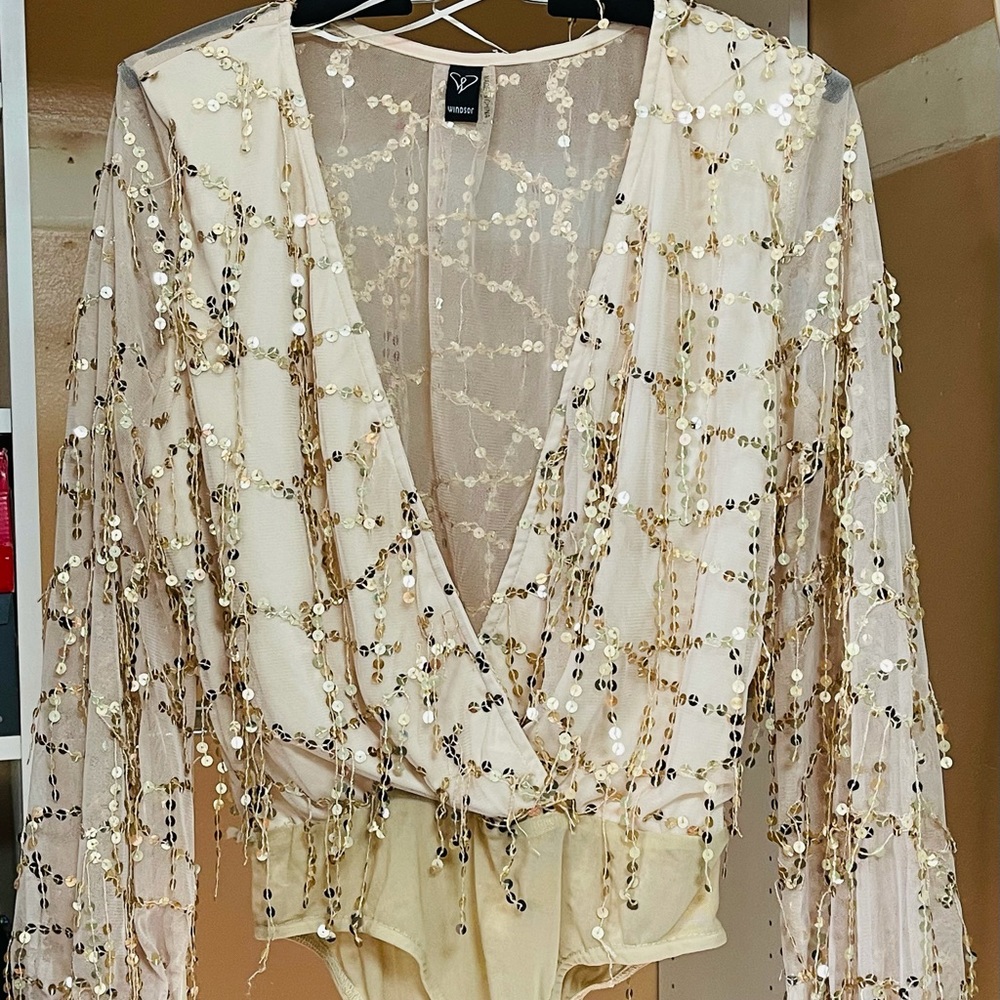 Windsor gold sequin bodysuit nude champagne crème color
